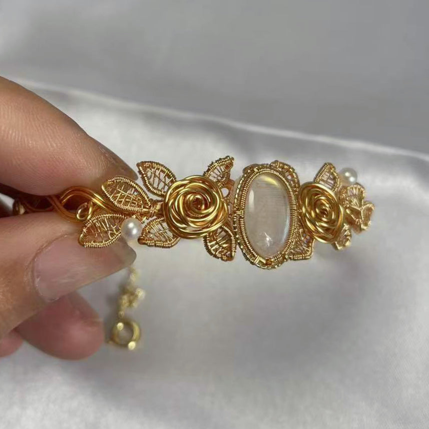 [Rose] Handmade Moonstone Bracelet - Wire Wrapped Jewelry