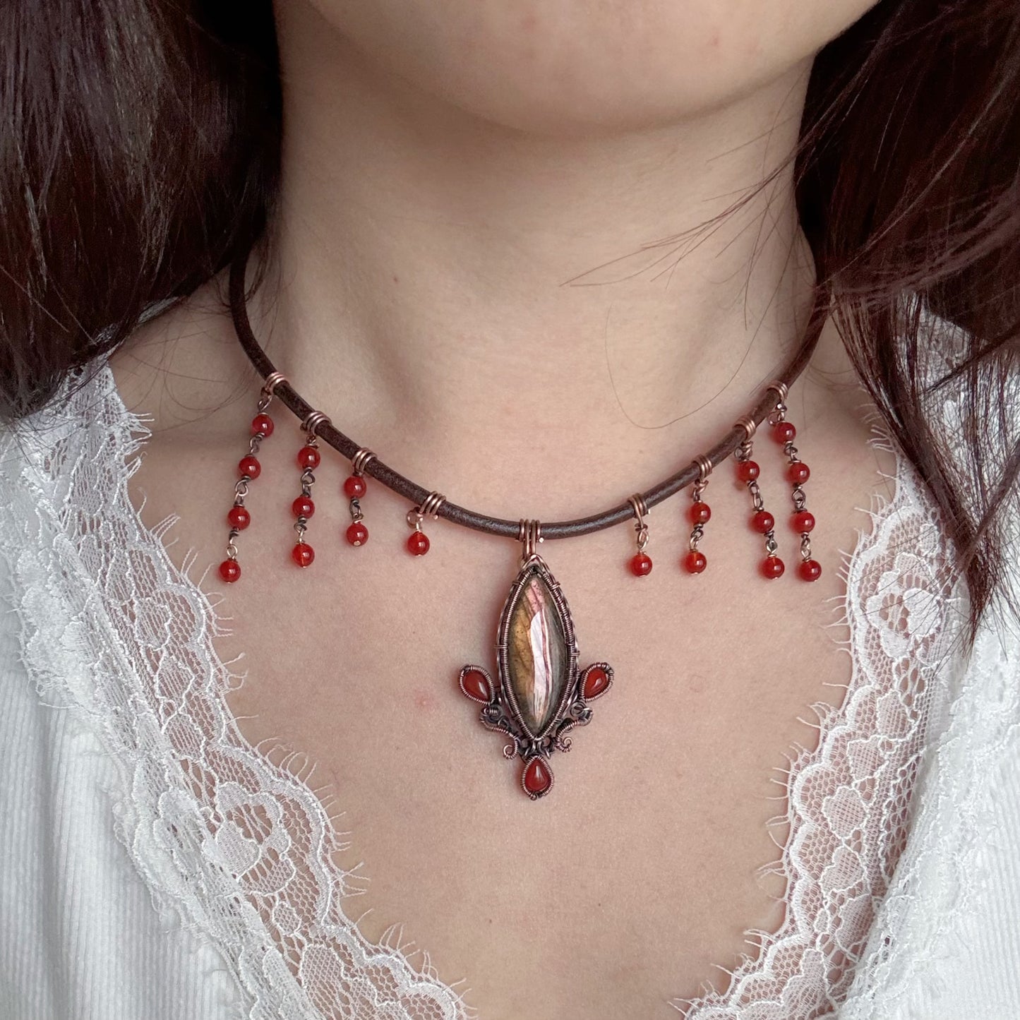 [Flame] Handmade Orange/Red Labradorite Necklace - Wire Wrapped Jewelry