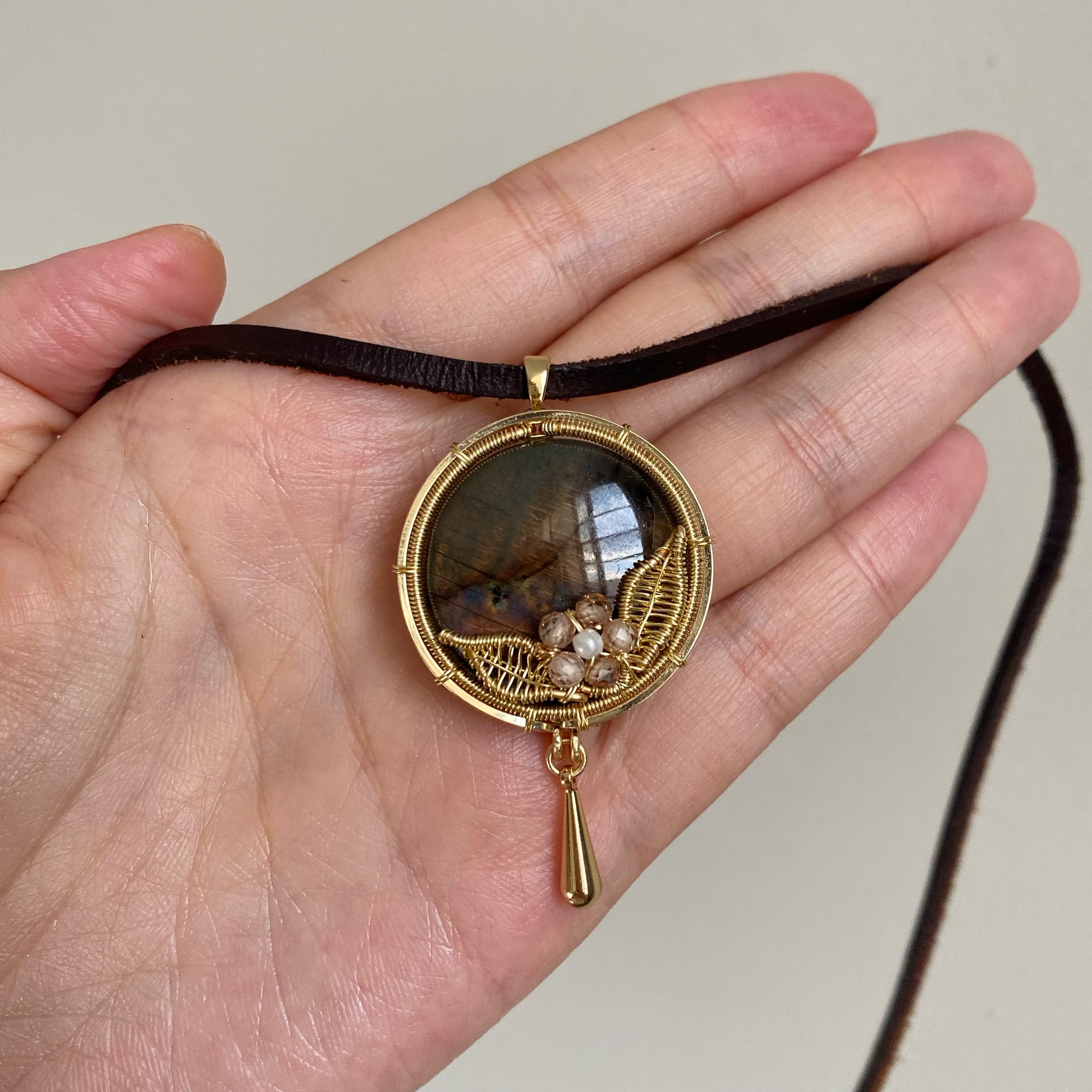 Handmade Orange Labradorite Necklace - Wire Wrapped Jewelry