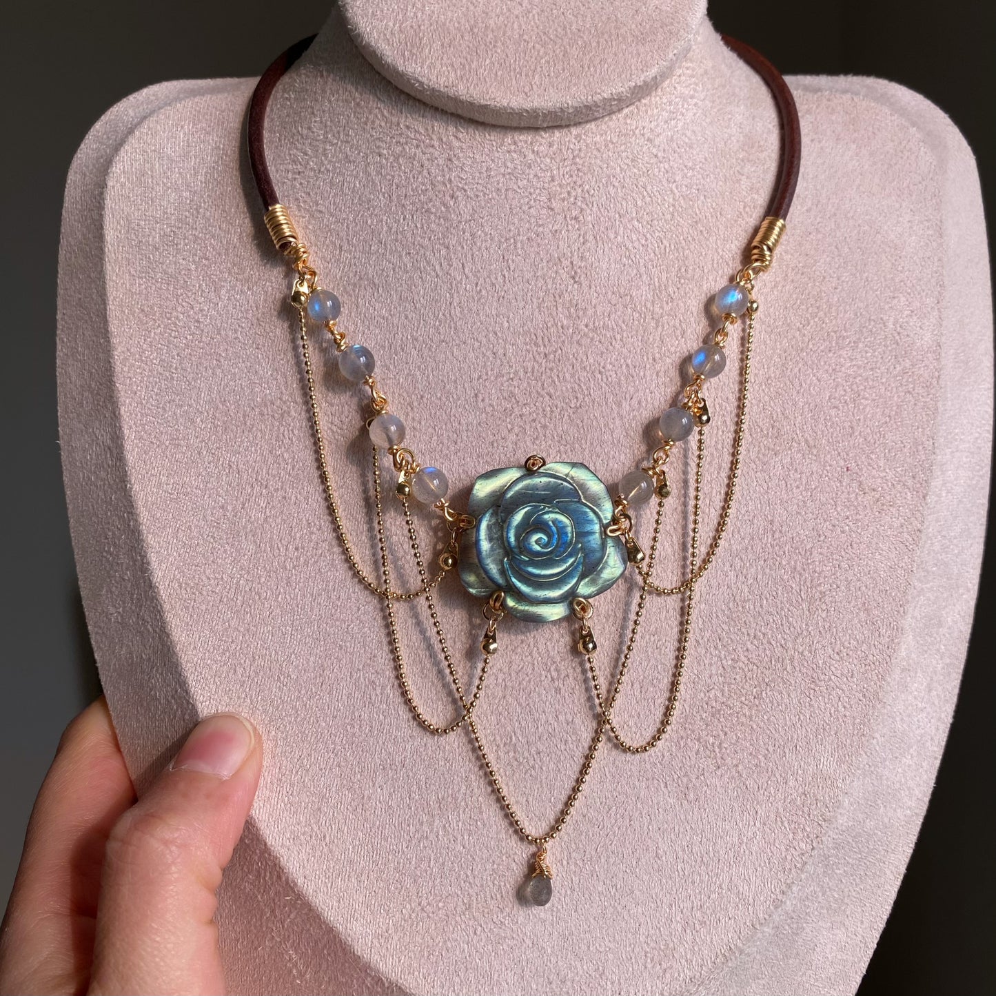 Handmade Rose Labradorite Necklace - Wire Wrapped Jewelry