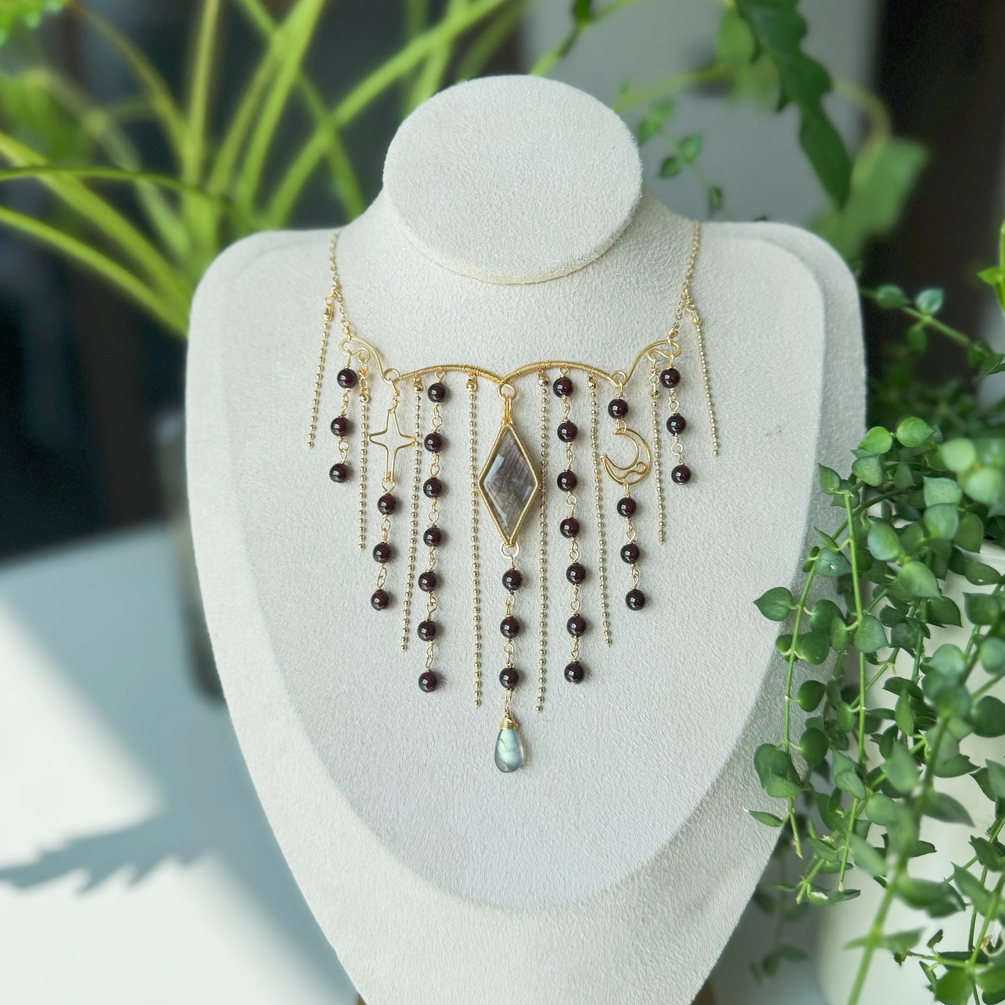 [Waterfall] Handmade Labradorite And Garnet Necklace - Wire Wrapped Jewelry