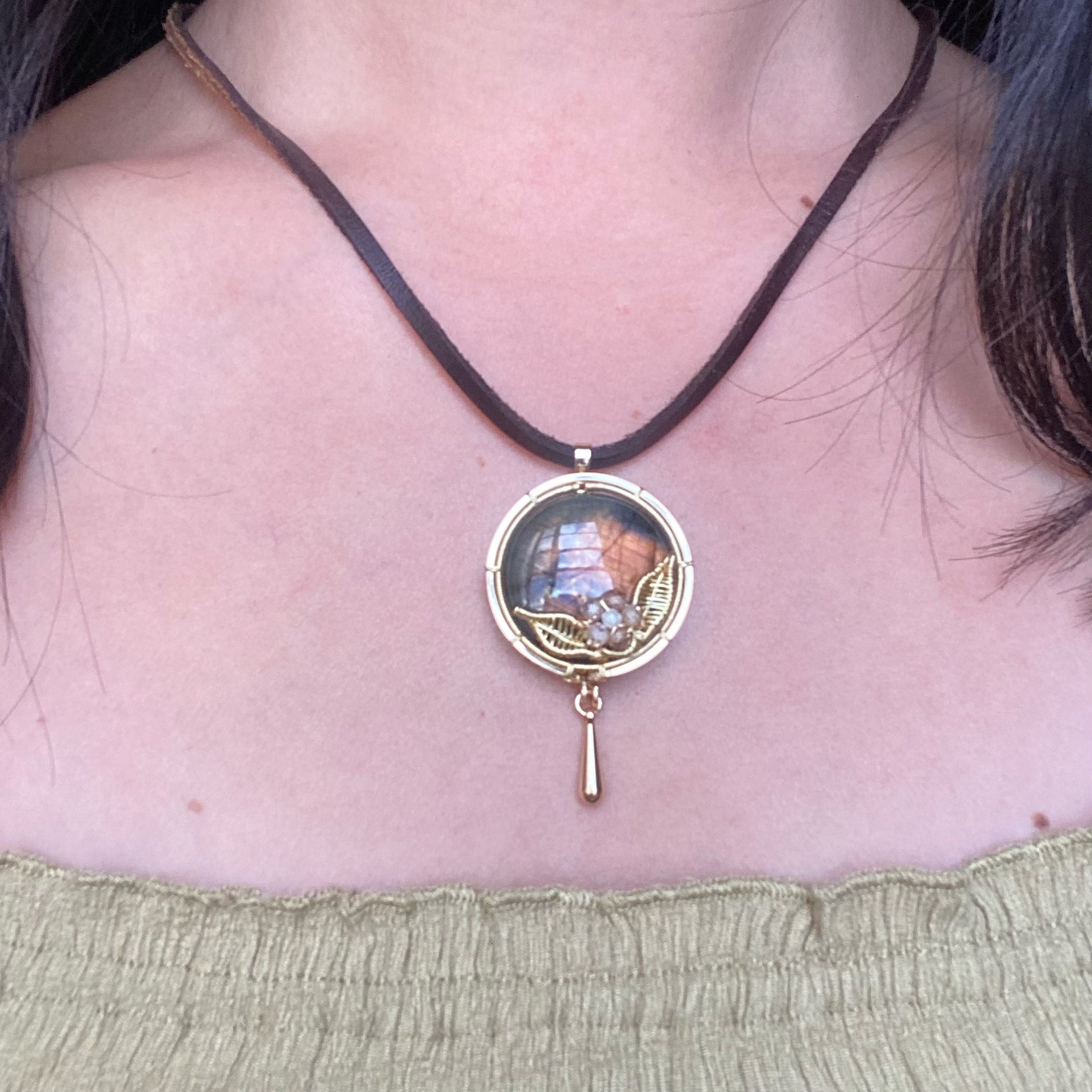 Handmade Orange Labradorite Necklace - Wire Wrapped Jewelry
