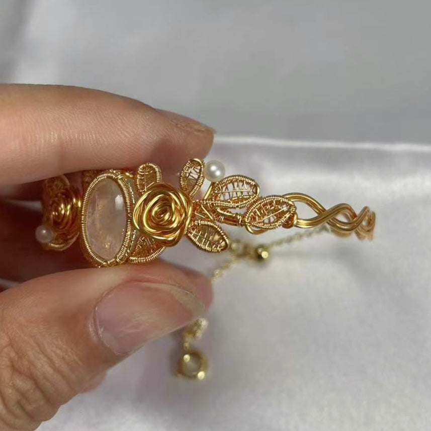 [Rose] Handmade Moonstone Bracelet - Wire Wrapped Jewelry