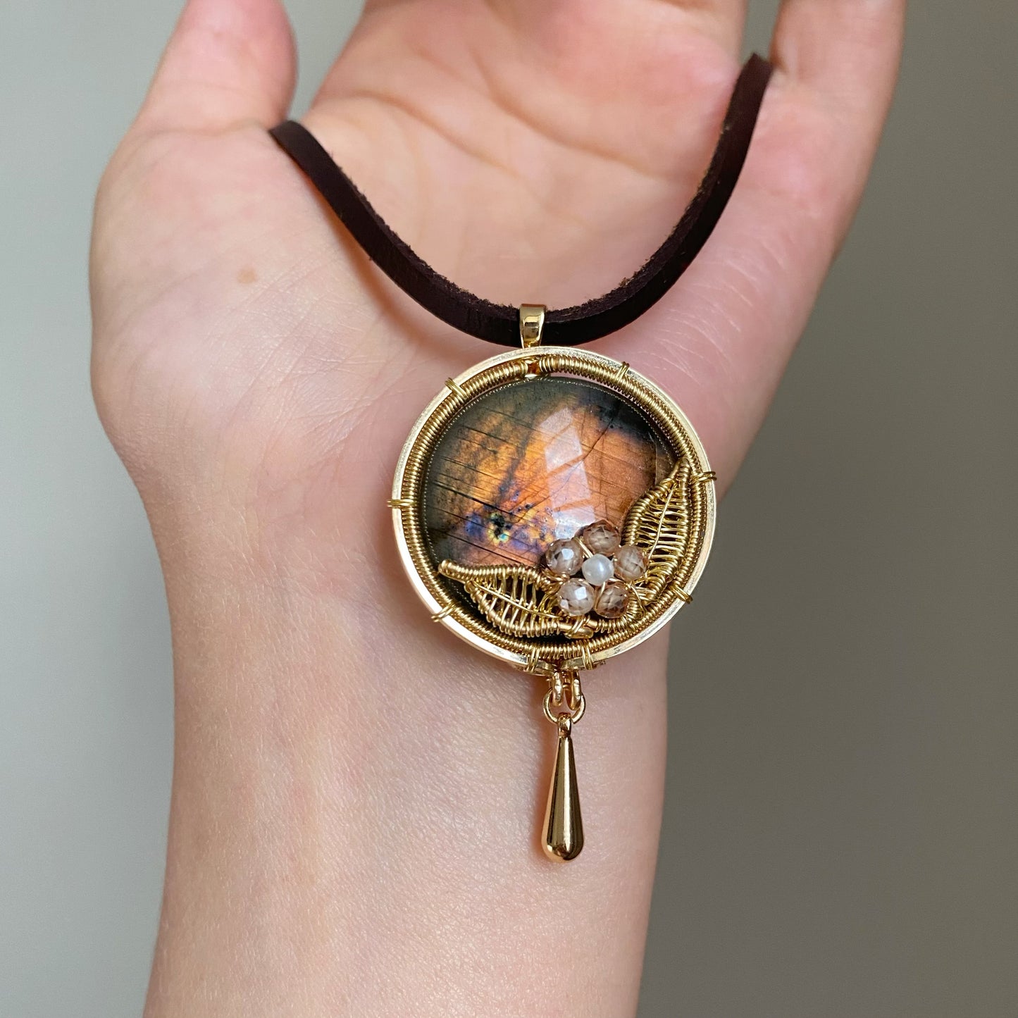 Handmade Orange Labradorite Necklace - Wire Wrapped Jewelry