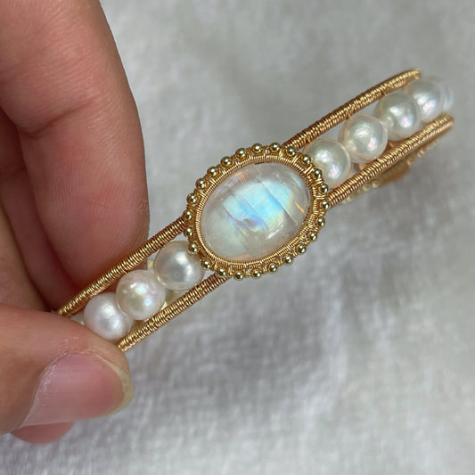Handmade Moonstone And Pearl Bracelet - Wire Wrapped Jewelry