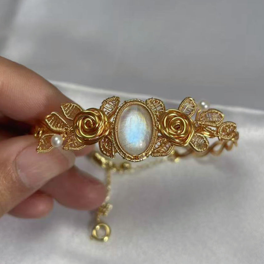 [Rose] Handmade Moonstone Bracelet - Wire Wrapped Jewelry