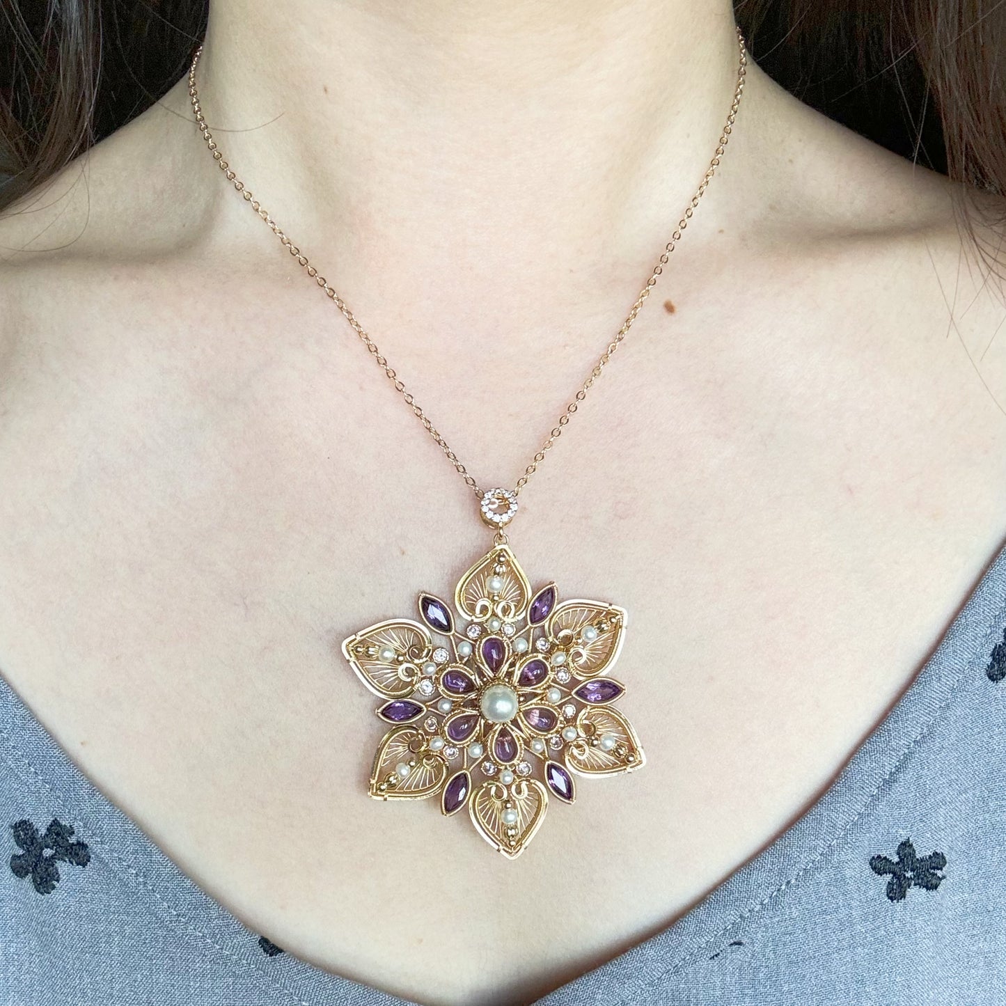 [Lotus] Handmade Amethyst Flower Necklace - Wire Wrapped Jewelry