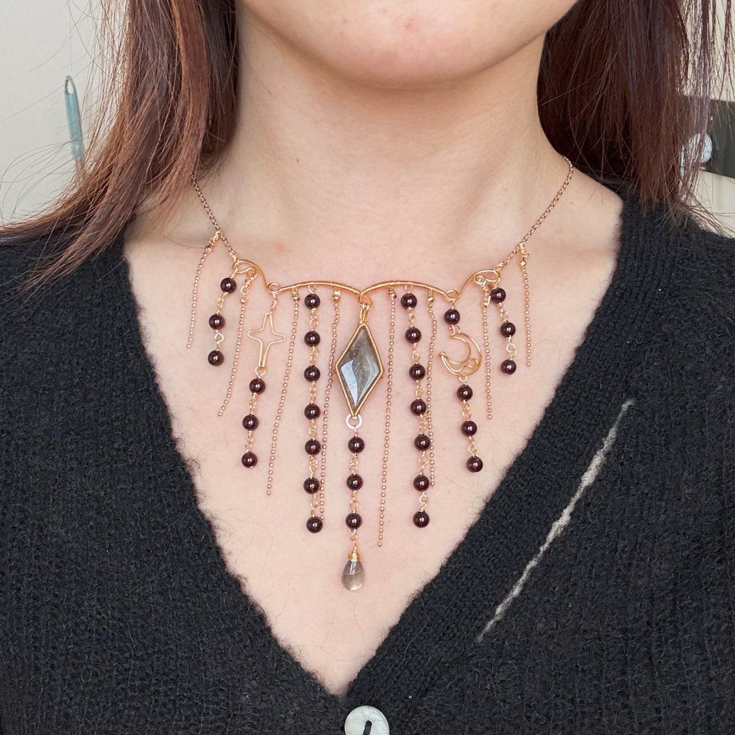 [Waterfall] Handmade Labradorite And Garnet Necklace - Wire Wrapped Jewelry