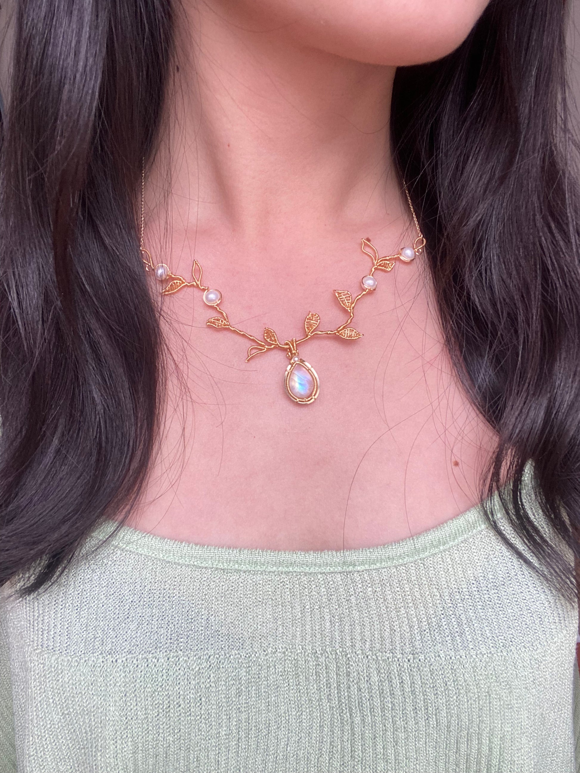 Spring Is Coimg Moonstone Necklace -Wire Wrapped Jewelry With 14K Gold Filled 